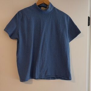 Eddie Bauer Navy and Black Striped Mock-Neck Short Sleeve Tee